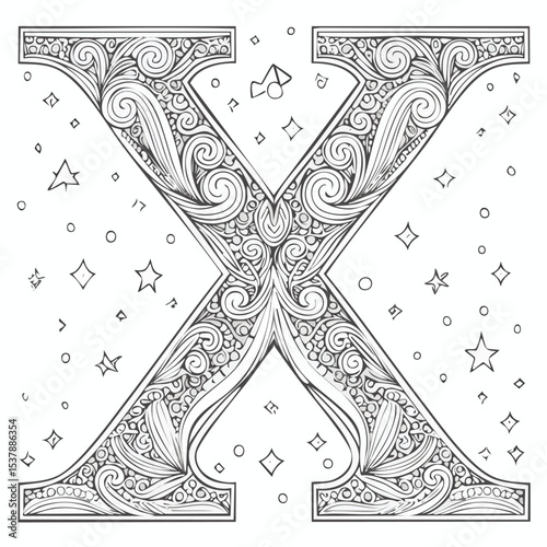 letter X line drawing featuring smooth sketch-style strokes in a refined black and white vector design.