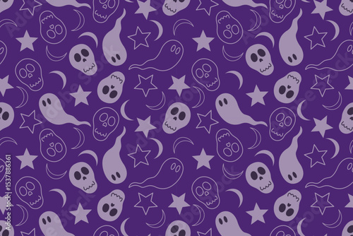 Seamless Halloween pattern with ghosts stars skulls and crescent moons