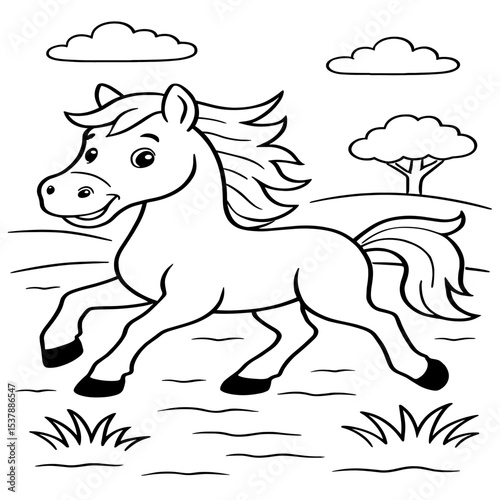 A horse gallops gracefully across a field, illustrated in clean black-and-white line art, perfect for a children's coloring page.