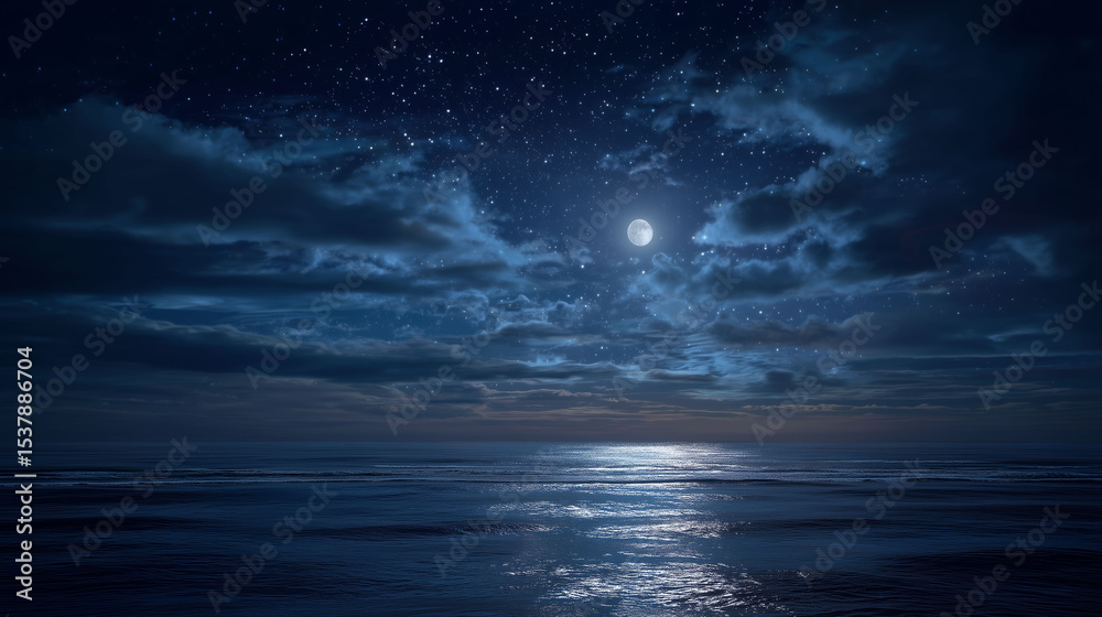 Obraz premium night sky, moonlight reflection on water, tranquil and magical mood, deep blue tones, romantic and peaceful background