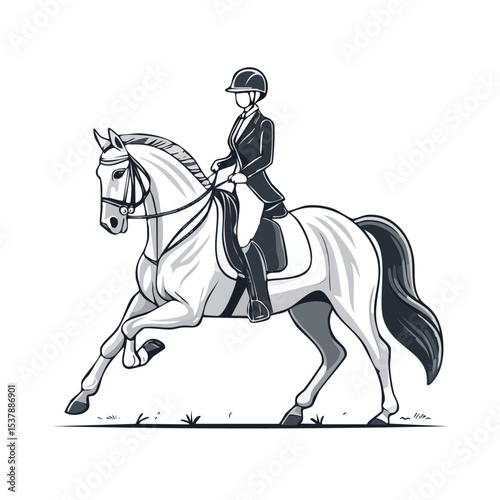equestrian line drawing featuring smooth sketch-style strokes in a refined black and white vector design.