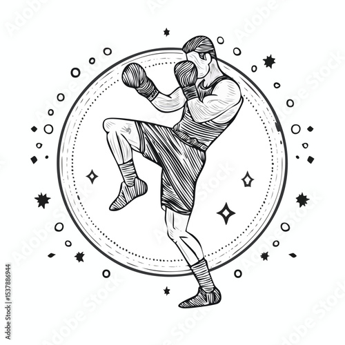 kickboxing line drawing featuring smooth sketch-style strokes in a refined black and white vector design.