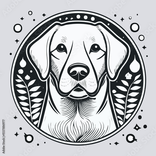 Labrador Retriever line drawing featuring smooth sketch-style strokes in a refined black and white vector design.