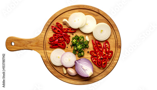 Sliced ​​Shallots, Garlic, Red Chilies, Green Chilies on a chopping board Isolated on Transparent Background Top View