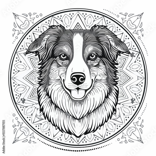 Australian Shepherd line drawing featuring smooth sketch-style strokes in a refined black and white vector design.