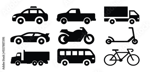 Transportation icon silhouette set. Vehicle Silhouettes and Transport Icon Collection. Commercial Vehicle Icon set. Transportation Icons, vehicles, car, truck, bus, motorcycle