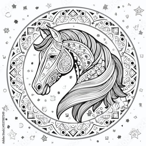 Horse line drawing featuring smooth sketch-style strokes in a refined black and white vector design.