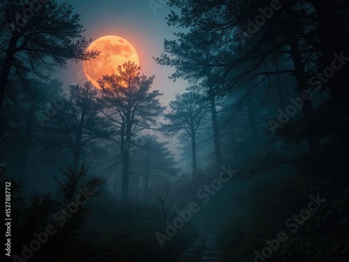 Blood Moon Illuminates Ethereal Forest at Dusk