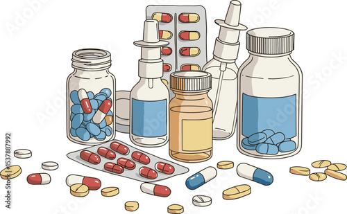 Various medicine bottles, pills, capsules, and nasal sprays on table, pharmaceutical drug collection, healthcare treatment, medical supplies and prescription medication concept illustration