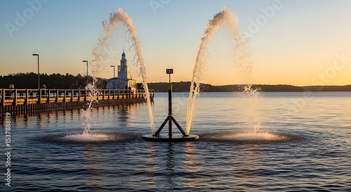 Fountain at Sunset on the River with the Pier in Background
