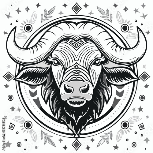Buffalo line drawing featuring smooth sketch-style strokes in a refined black and white vector design.