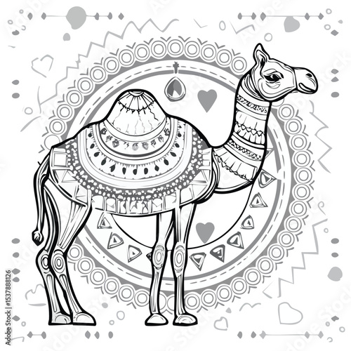 Dromedary line drawing featuring smooth sketch-style strokes in a refined black and white vector design.