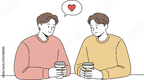 Two men drinking coffee together, sharing love and conversation, romantic relationship moment, LGBTQ couple bonding, warm friendship scene, casual coffee date with heart symbol