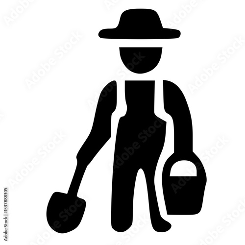 Simple Black and White Farmer Holding Shovel and Bucket Icon Illustration