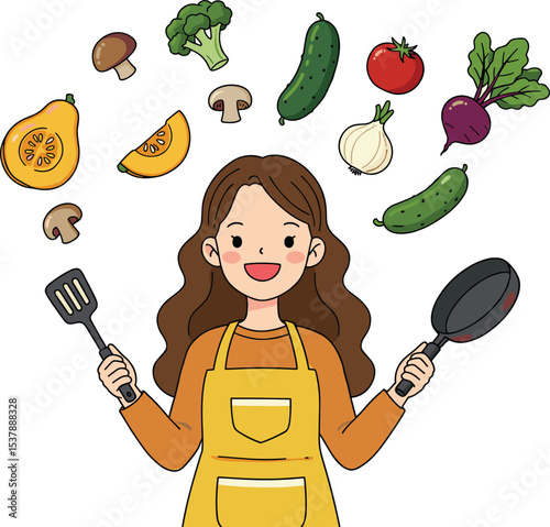 Smiling woman wearing apron cooking with spatula and pan, surrounded by fresh vegetables, healthy home cooking, vegetarian food preparation and nutrition lifestyle concept illustration