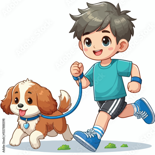 Cute boy cartoon vector jogging with dog