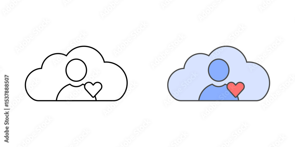 Obraz premium Cloud-based CRM icon with a cloud, person avatar, and heart, shown in outline and color styles, perfect for illustrating customer engagement and relationship management tools.