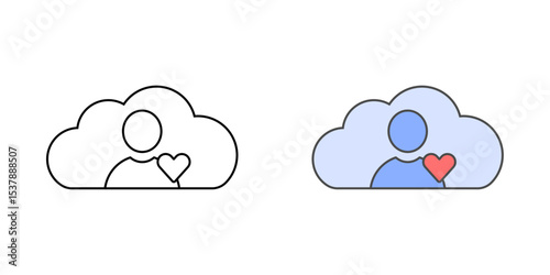 Cloud-based CRM icon with a cloud, person avatar, and heart, shown in outline and color styles, perfect for illustrating customer engagement and relationship management tools.