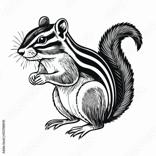 Chipmunk line drawing featuring smooth sketch-style strokes in a refined black and white vector design.