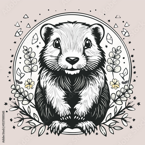 Marmot line drawing featuring smooth sketch-style strokes in a refined black and white vector design.