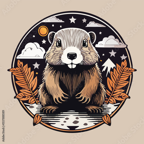 Groundhog line drawing featuring smooth sketch-style strokes in a refined black and white vector design.