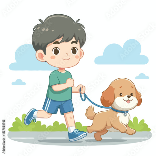 Cute boy cartoon vector jogging with dog