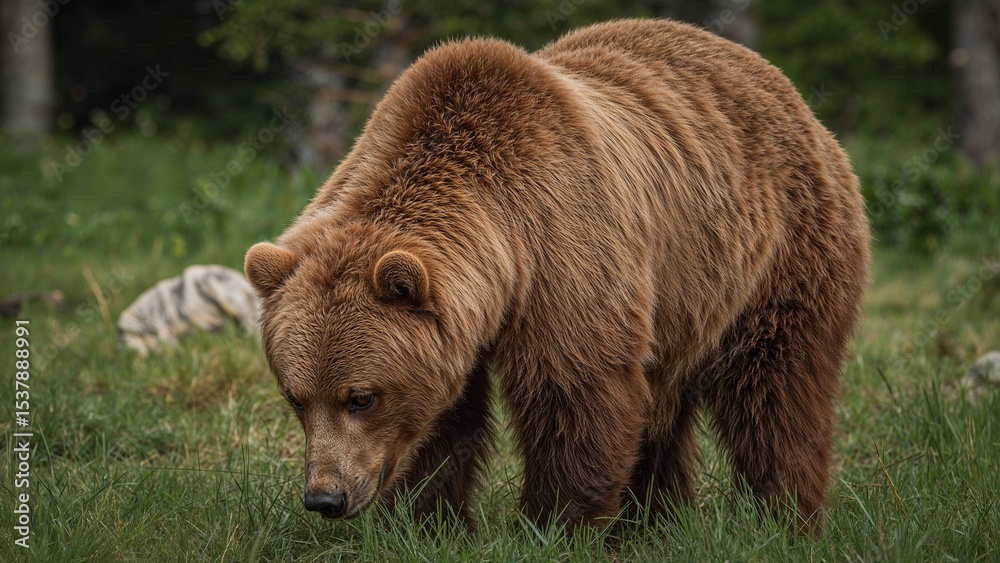 Obraz premium Brown bear foraging in a grassy meadow.
