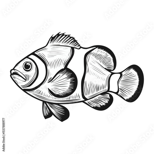 Clownfish line drawing featuring smooth sketch-style strokes in a refined black and white vector design.