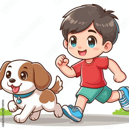 Cute boy cartoon vector jogging with dog