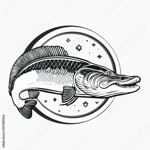 Arapaima line drawing featuring smooth sketch-style strokes in a refined black and white vector design.