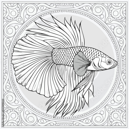 Betta Fish  line drawing featuring smooth sketch-style strokes in a refined black and white vector design.