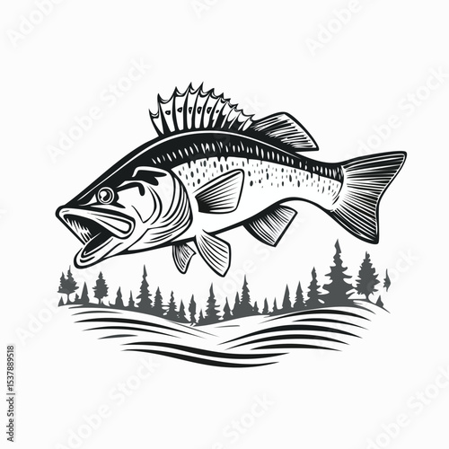 Walleye line drawing featuring smooth sketch-style strokes in a refined black and white vector design.