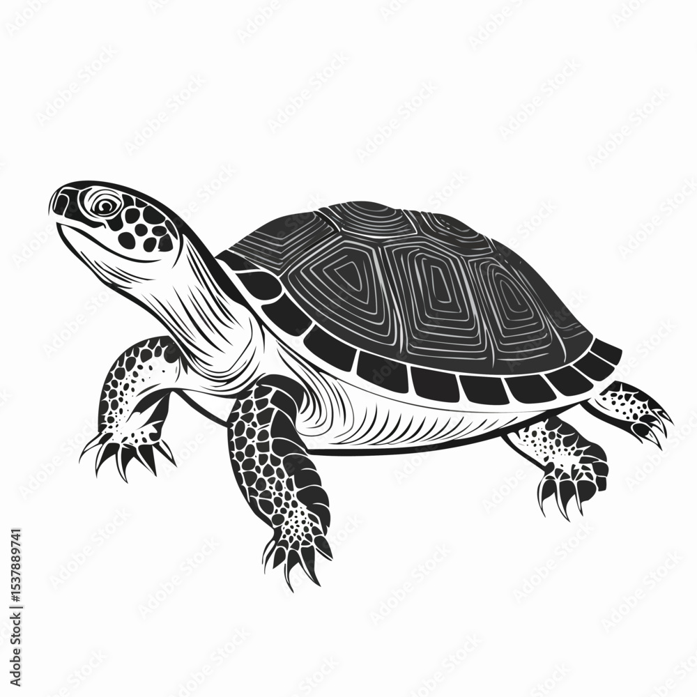 Fototapeta premium Red-Eared Slider line drawing featuring smooth sketch-style strokes in a refined black and white vector design.