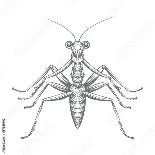 Praying Mantis line drawing featuring smooth sketch-style strokes in a refined black and white vector design.