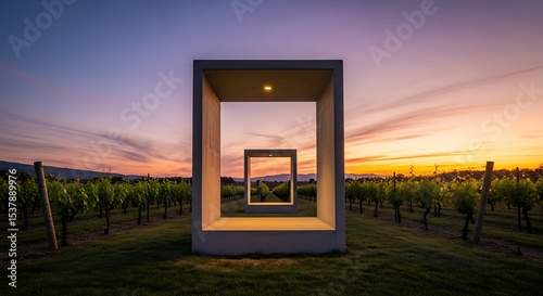 Geometric Frames at Vineyard Under Colorful Sky at Dusk for Wine