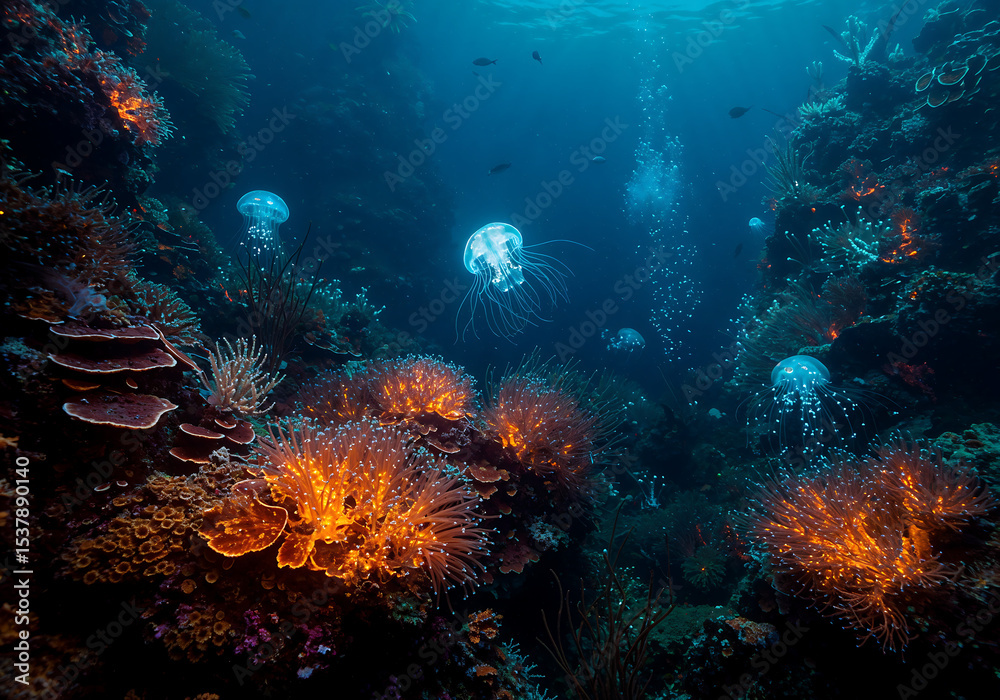 Fototapeta premium Hyperrealistic Bioluminescent Deep-Sea Ecosystem with Alien Flora and Fauna in 8K