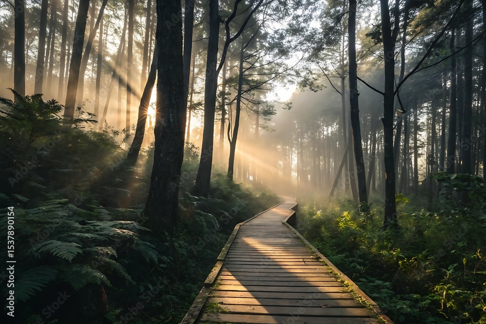 Fototapeta premium A tranquil forest path winds through the green trees, inviting a morning walk in nature