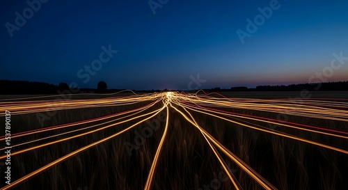 Golden light streaks across a field under a dark blue evening sky