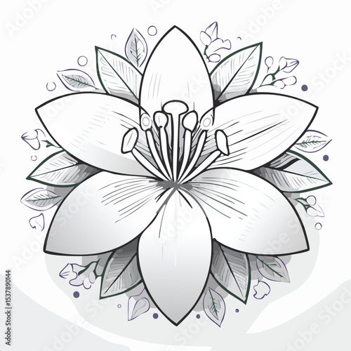 Lily line drawing featuring smooth sketch-style strokes in a refined black and white vector design.