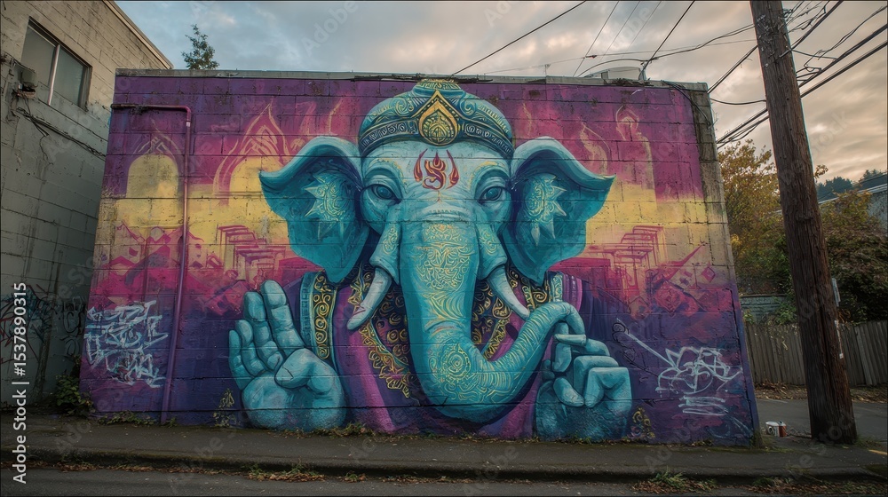 Obraz premium Vibrant mural of an elephant-headed deity on a city building.