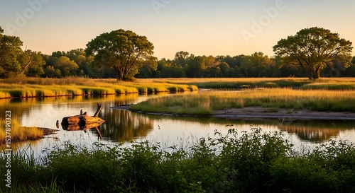 Golden Marsh Landscape with Trees, Reflections, and Tranquil Waterway at Sunset