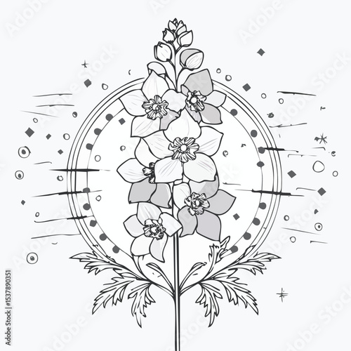 Delphinium line drawing featuring smooth sketch-style strokes in a refined black and white vector design.