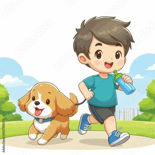 Cute boy cartoon vector jogging with dog