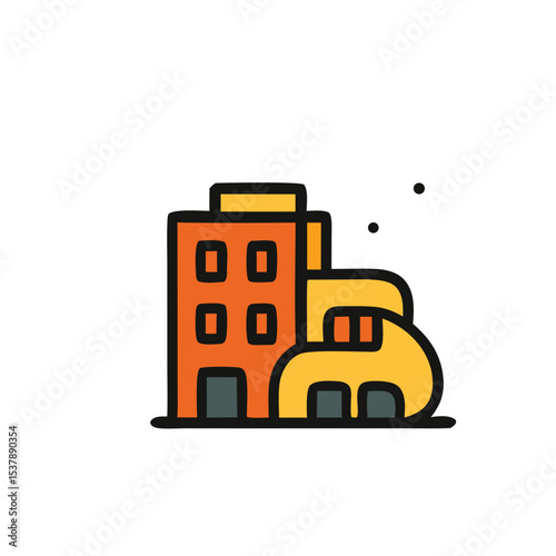 Stylized illustration of a modern building complex, featuring a tall rectangular structure and a smaller, curved adjacent building.