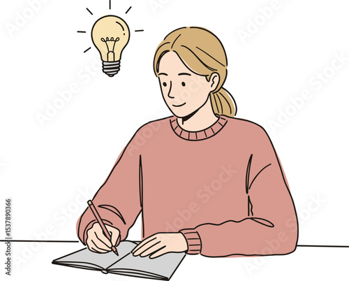 Girl writing in notebook with pencil, creative idea light bulb above head, student studying or journaling concept, inspiration and learning moment illustration