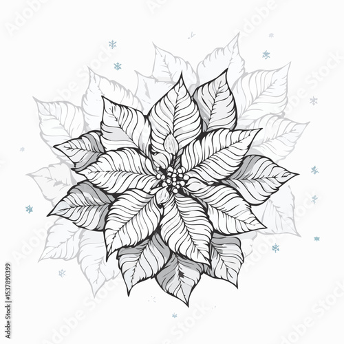 Poinsettia line drawing featuring smooth sketch-style strokes in a refined black and white vector design.