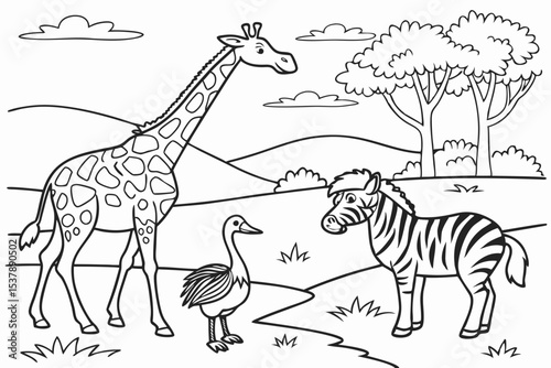 coloring page for kids, a zoo enclosure with a giraffe, a zebra, and an ostrich standing together, simple savanna background, thick outlines, black and white