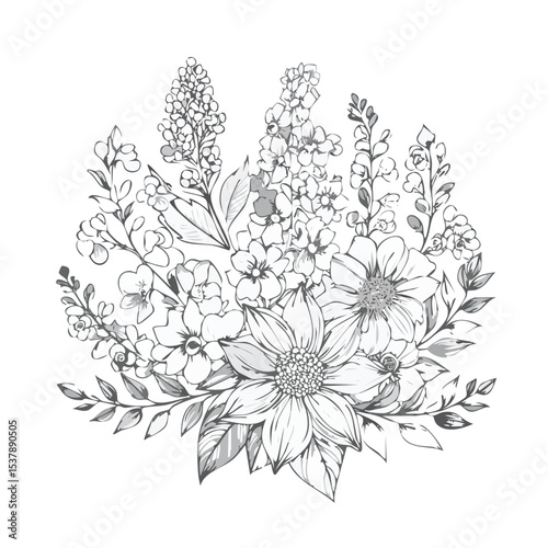 Statice line drawing featuring smooth sketch-style strokes in a refined black and white vector design.