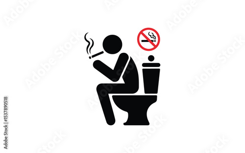 A pictogram showing a person smoking on a toilet with a no smoking sign indicating prohibition