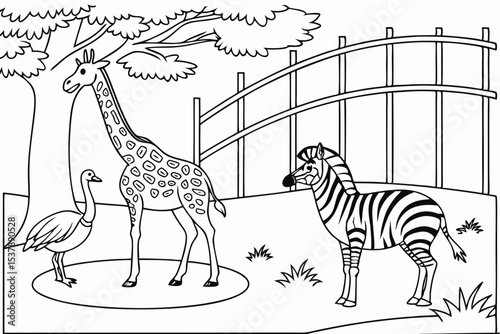 coloring page for kids, a zoo enclosure with a giraffe, a zebra, and an ostrich standing together, simple savanna background, thick outlines, black and white